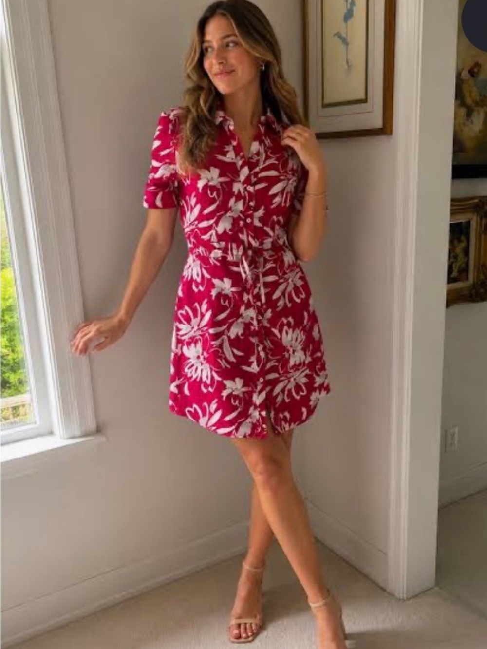 Halston Heritage Pink & White Floral Shirt Mini Dress